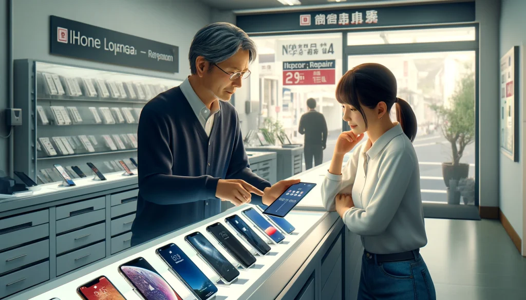 「寝屋川市の現代的なiPhone修理店内で、技術者が顧客にタブレットで修理オプションを説明している様子」