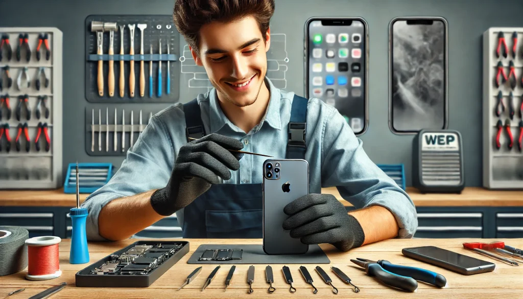 迅速で確かな技術が提供されるiPhone修理サービスの現場。丁寧な技術者がiPhoneを修理し、整然としたツールと清潔な作業場が信頼性を強調。